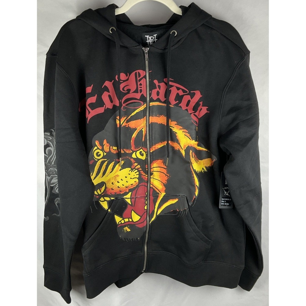Y2K Ed Hardy Designs Full Zip Hoodie Mens Black Large Tiger Tattoo Streetwear
